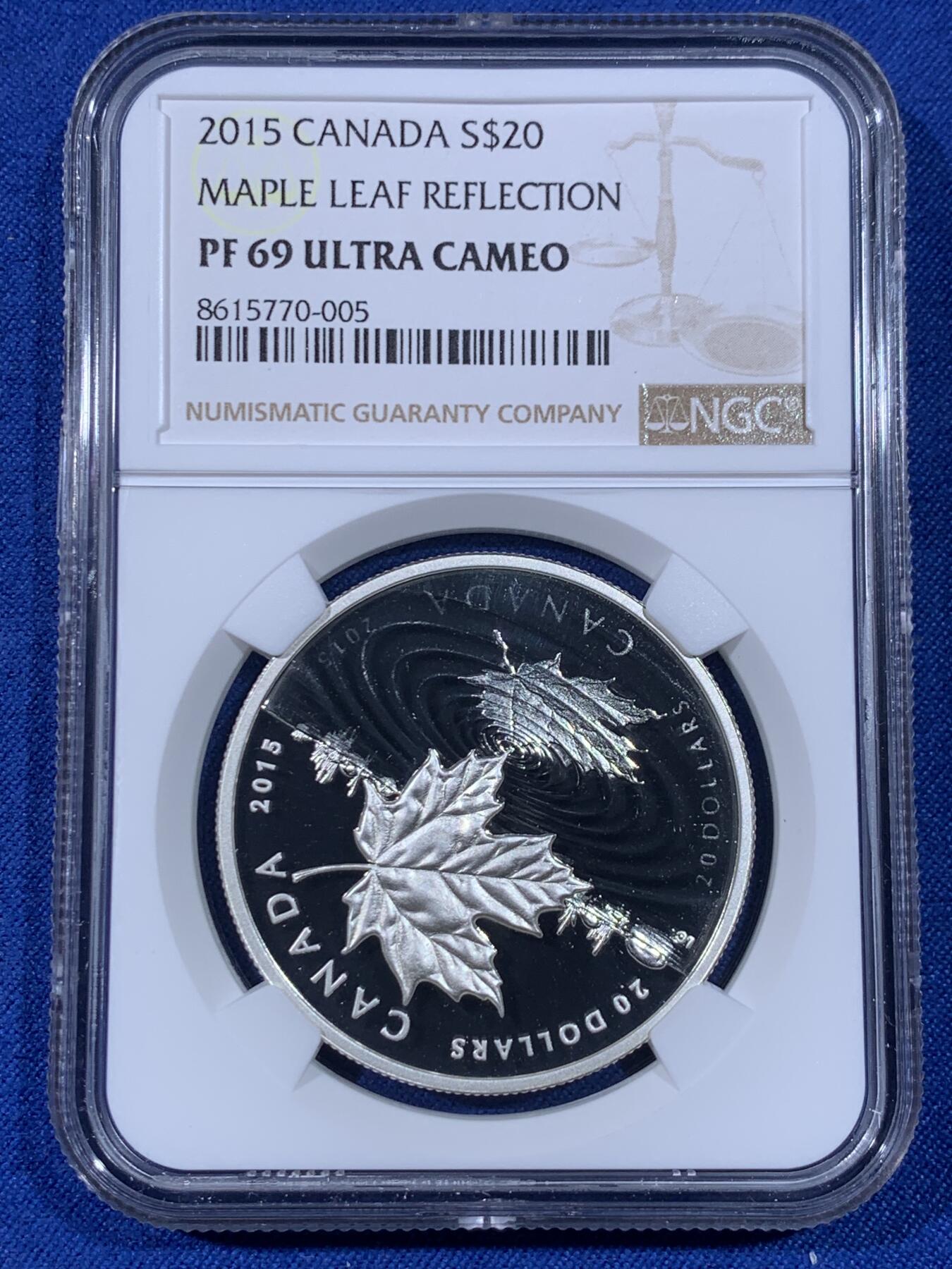 《竞宝斋》第438场 周日，周一，周二 3场连拍 （全场包邮） NGC PF69UC 加拿大2015年水滴幻影枫叶20加元精制银币（最美的枫叶币之一，水滴涟漪采取镜面喷砂工艺，栩栩如生！1盎司克重，9999纯银，币径38MM，限量发行8500枚，盒证齐全）