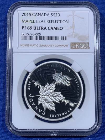 《竞宝斋》第438场 周日，周一，周二 3场连拍 （全场包邮） - NGC PF69UC 加拿大2015年水滴幻影枫叶20加元精制银币（最美的枫叶币之一，水滴涟漪采取镜面喷砂工艺，栩栩如生！1盎司克重，9999纯银，币径38MM，限量发行8500枚，盒证齐全）