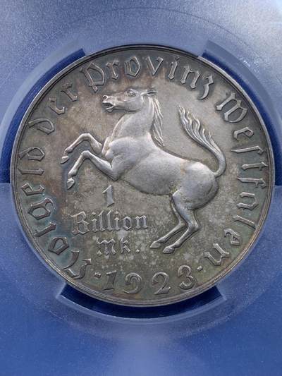 《竞宝斋》第438场 周日，周一，周二 3场连拍 （全场包邮） PCGS MS62 1923年德国威斯特法伦一万亿马克大马币 世界上面值最大的硬币