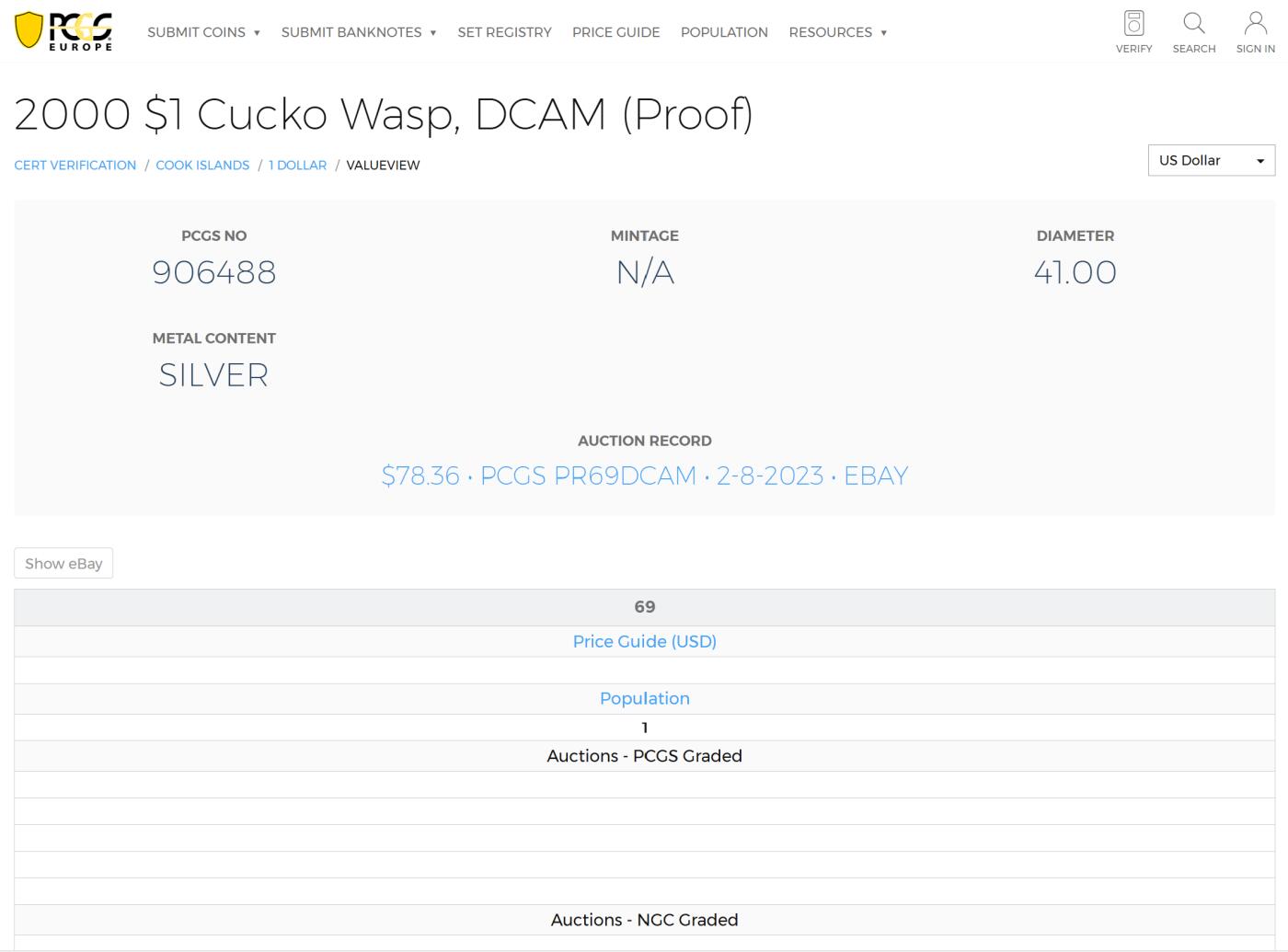 PThappally收藏第54次拍卖，英联邦地区硬币纸币 库克群岛 2000 1元  31.63 g 银币 PCGS PR69DCAM