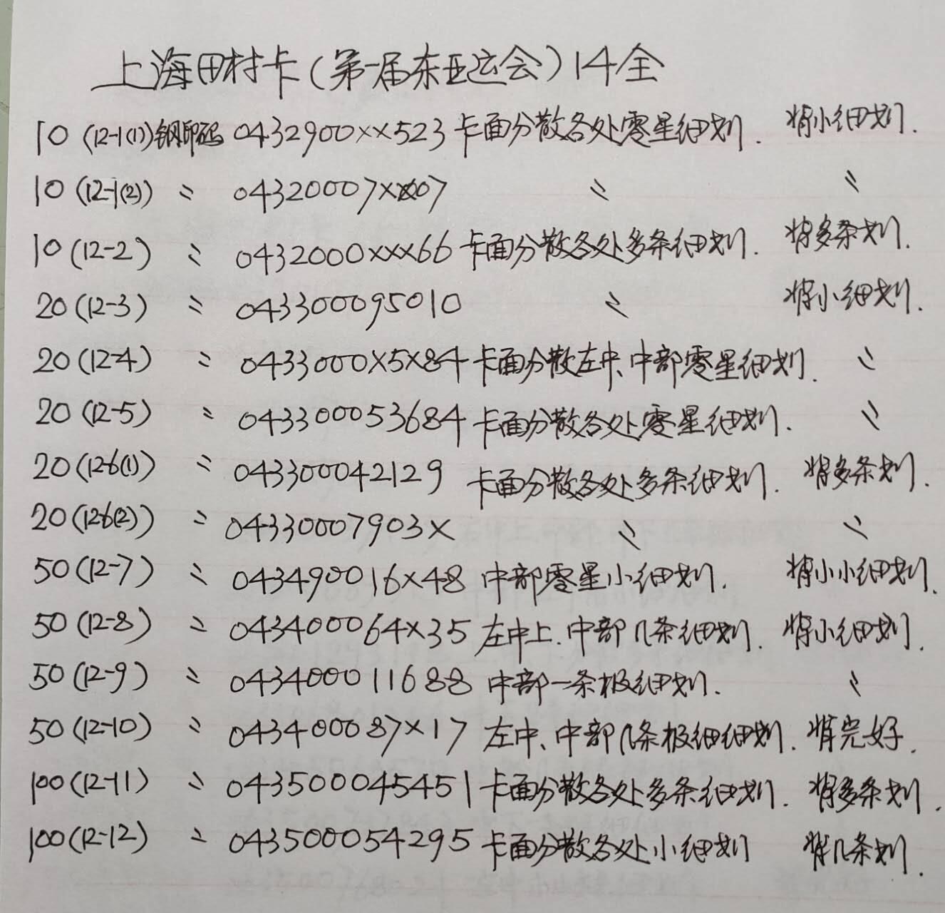 公藏第58期裸卡拍卖 上海田村卡【第一届东亚运会】14全品相钢印码见描述。