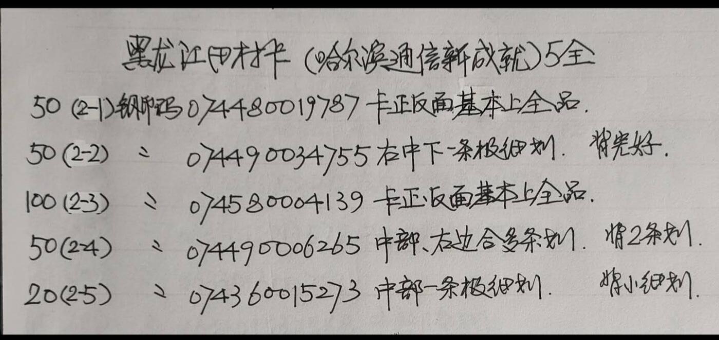 公藏第58期裸卡拍卖 黑龙江田村卡【哈尔滨电信成就】5全品相钢印码见描述。