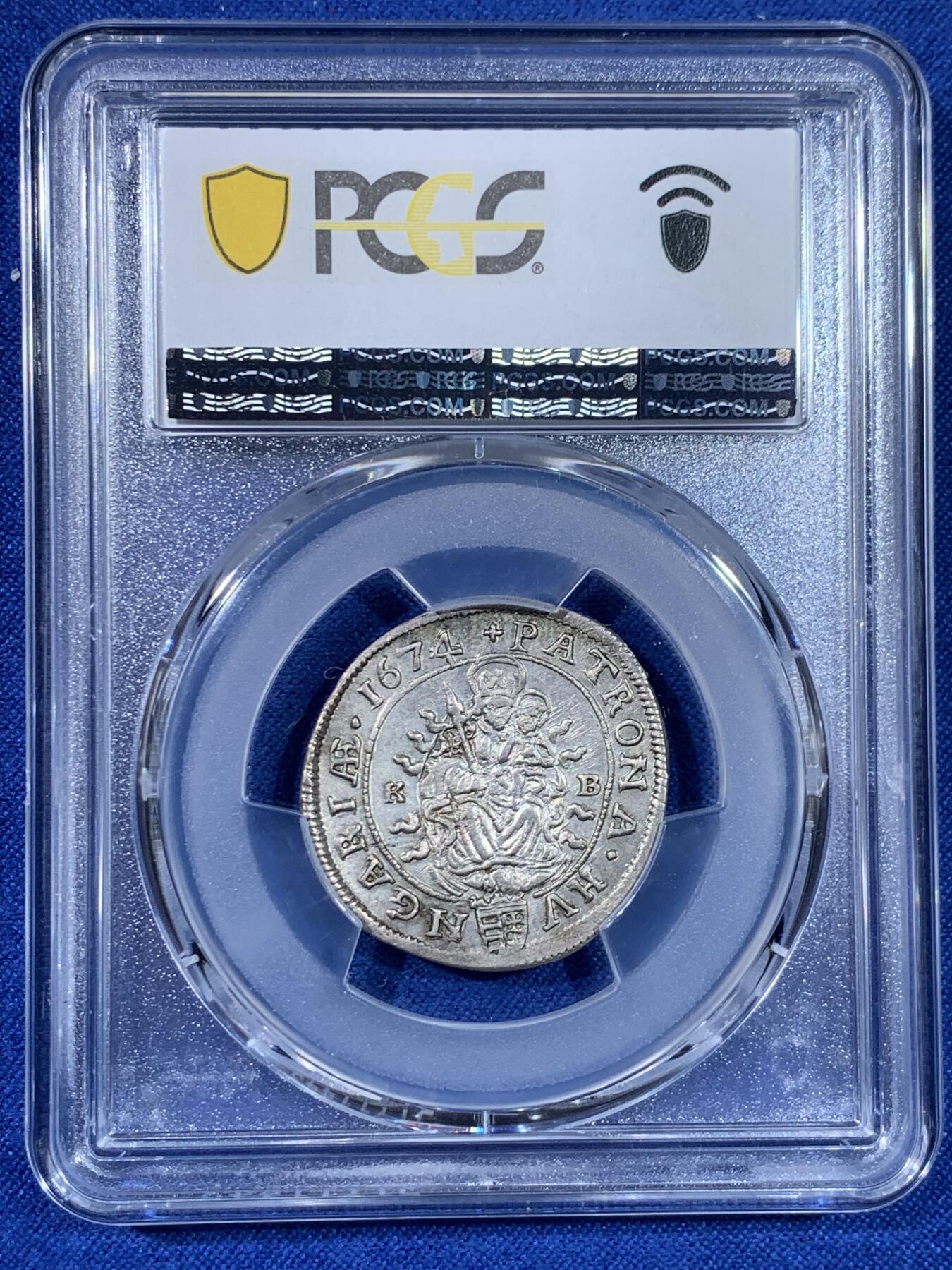 《竞宝斋》第438场 周日，周一，周二 3场连拍 （全场包邮） PCGS MS62 神圣罗马帝国1674年利奥波德皇帝6克鲁泽银币 亚军分，更高分仅1枚，少见原光好品相，发丝细节打制清楚