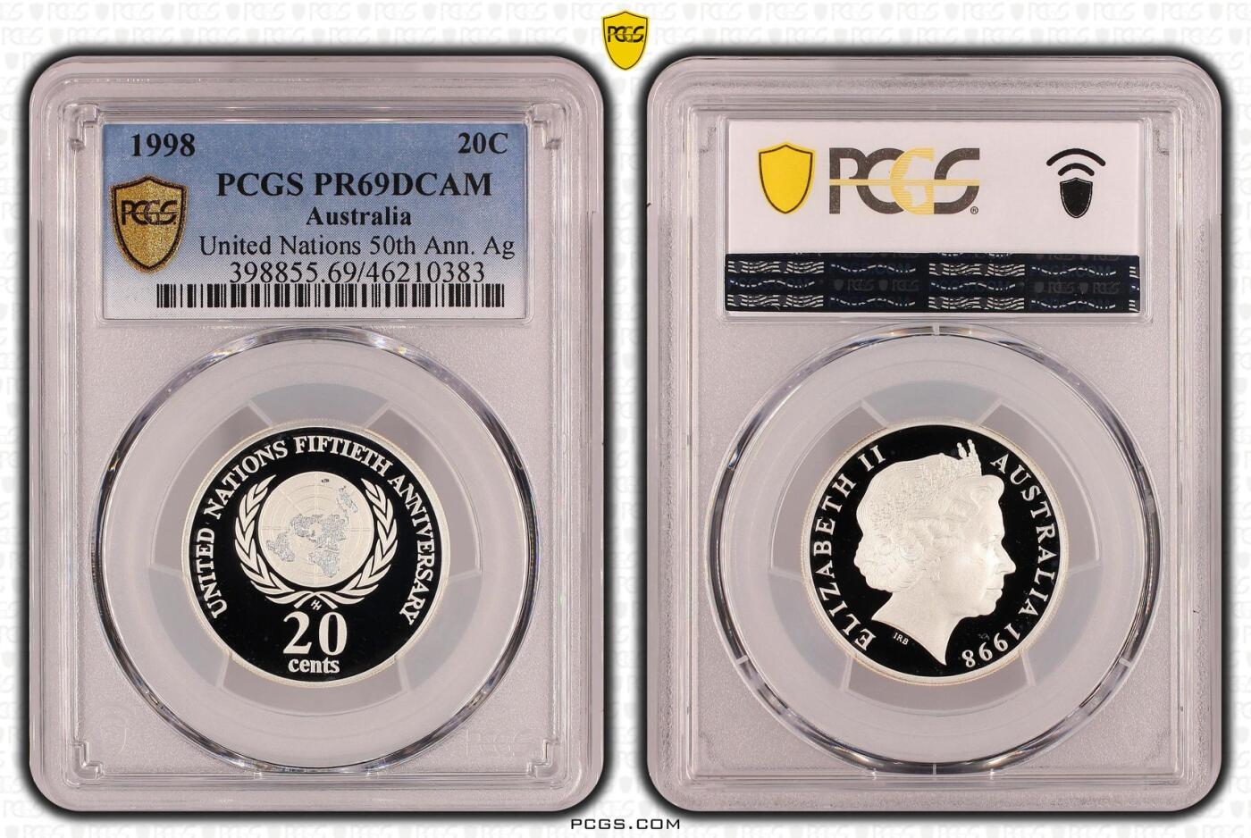 PThappally收藏第54次拍卖，英联邦地区硬币纸币 澳大利亚 1998 20分 13.36 g 银币 PCGS PR69DCAM