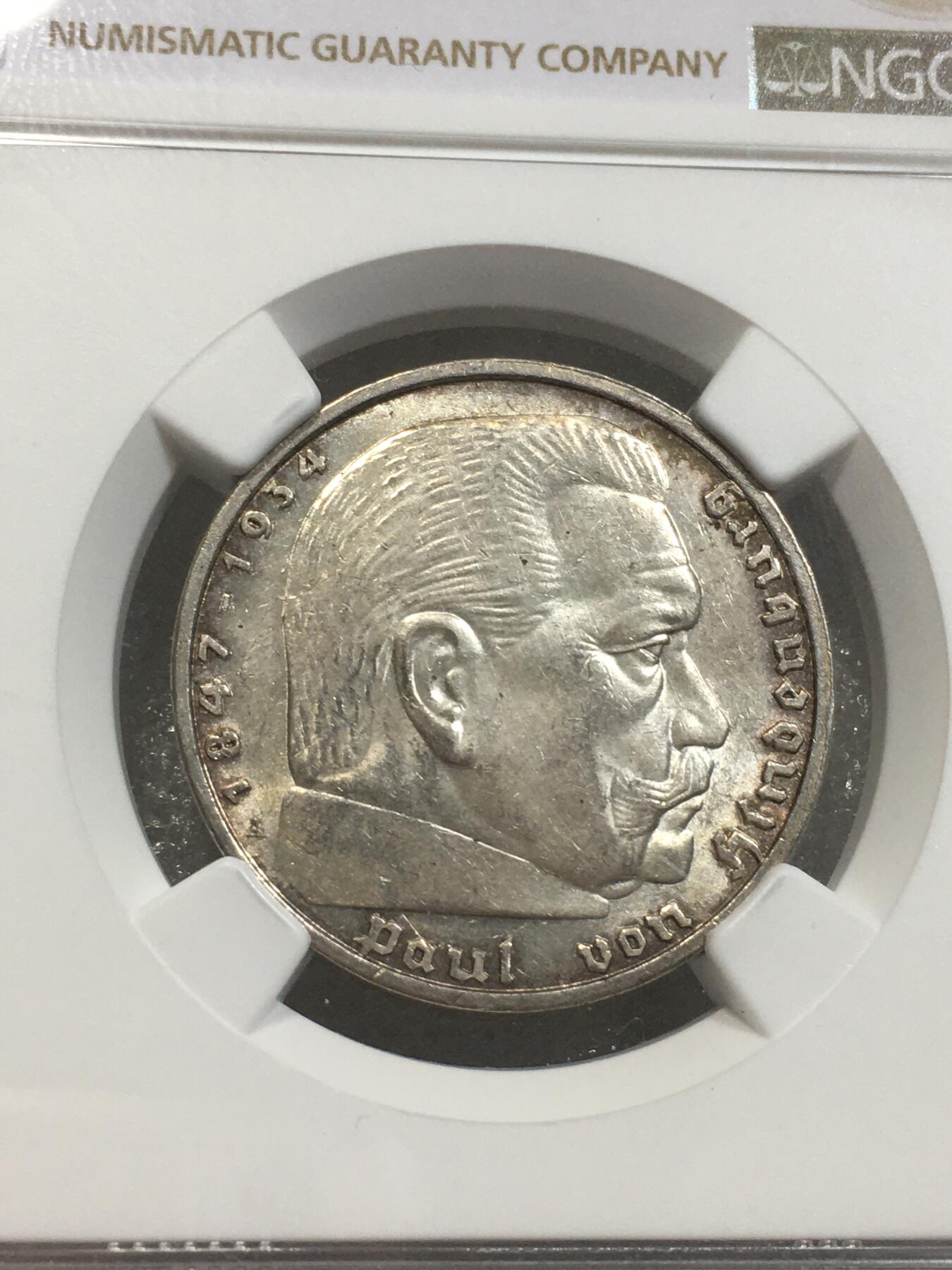 世界钱币专场拍卖 每周二开拍 NGCUNCD德国1938年A厂兴登堡5马克银币