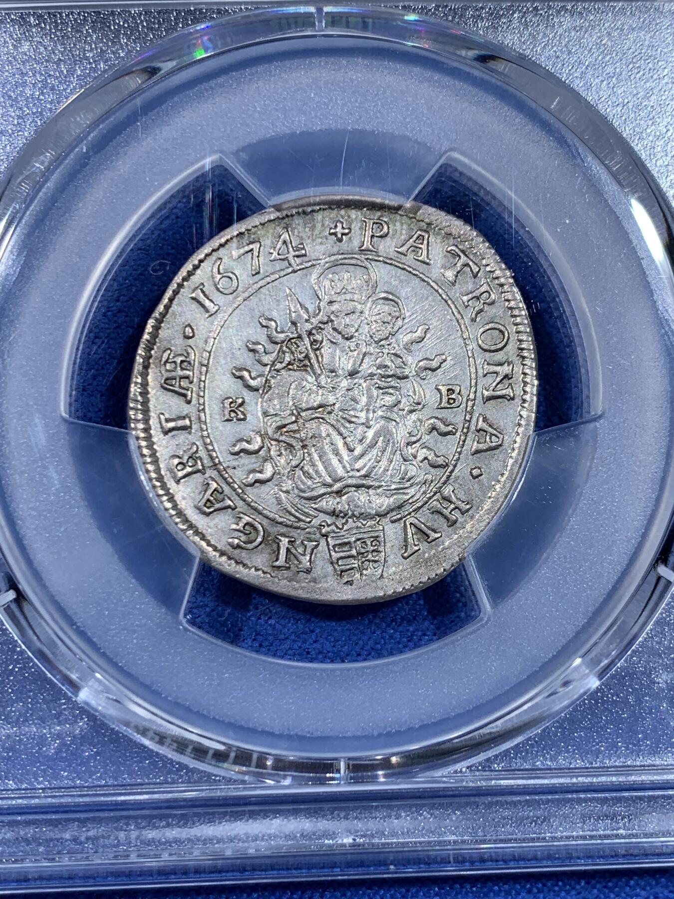 《竞宝斋》第438场 周日，周一，周二 3场连拍 （全场包邮） PCGS MS62 神圣罗马帝国1674年利奥波德皇帝6克鲁泽银币 亚军分，更高分仅1枚，少见原光好品相，发丝细节打制清楚