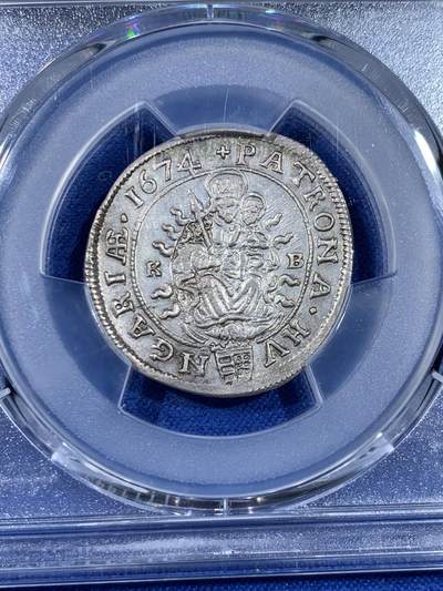 《竞宝斋》第438场 周日，周一，周二 3场连拍 （全场包邮） PCGS MS62 神圣罗马帝国1674年利奥波德皇帝6克鲁泽银币 亚军分，更高分仅1枚，少见原光好品相，发丝细节打制清楚