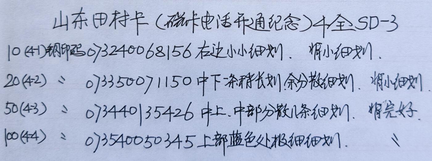 公藏第58期裸卡拍卖 山东田村卡【SD3  山东磁卡开通纪念】4全品相钢印码见描述。