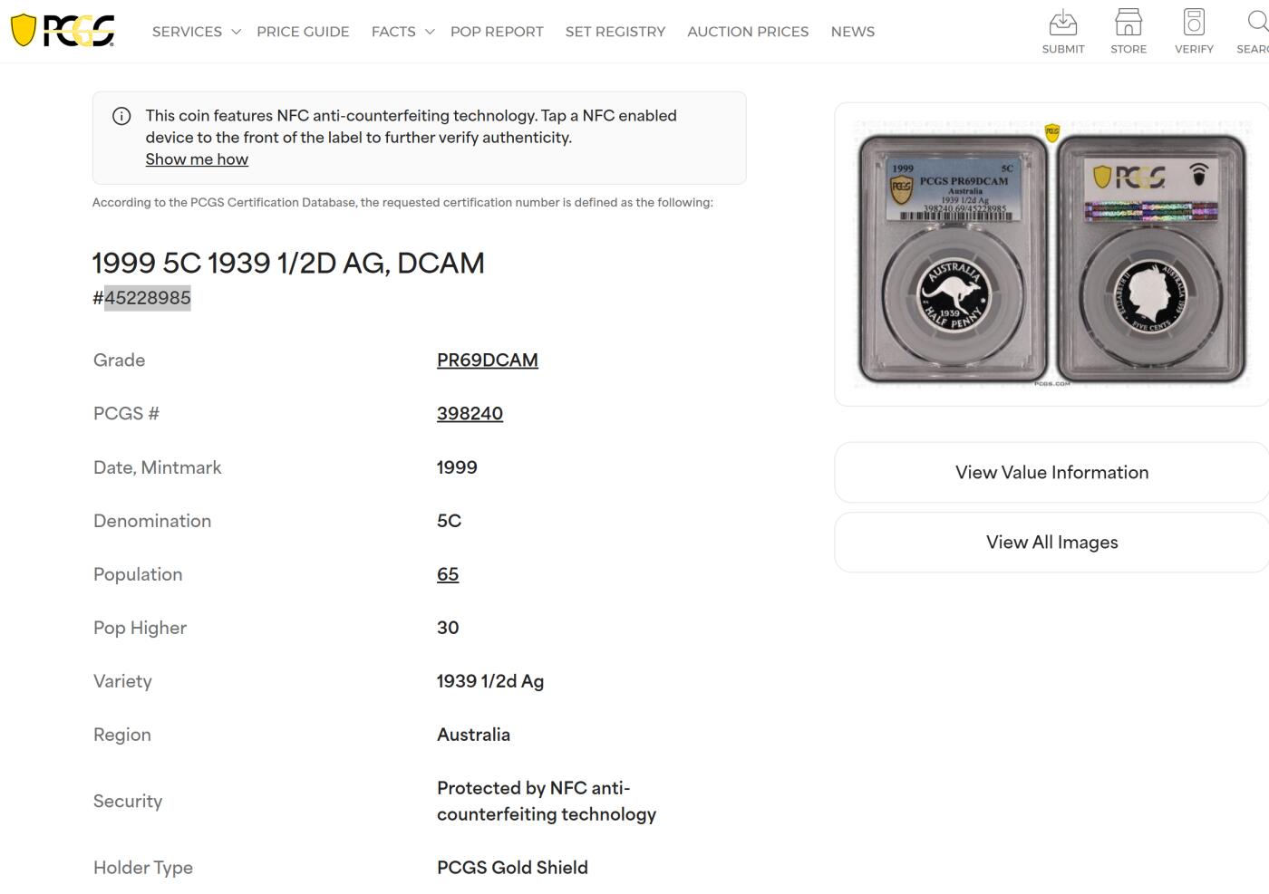 PThappally收藏第54次拍卖，英联邦地区硬币纸币 澳大利亚 1999 5分 5.53g 银币 PCGS PR69DCAM