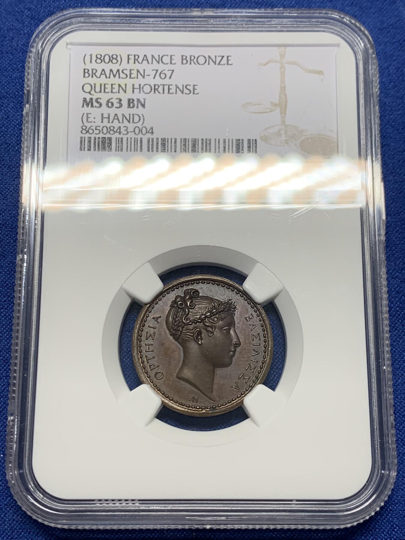 《竞宝斋》第438场 周日，周一，周二 3场连拍 （全场包邮） NGC MS63BN 法国霍腾丝·德·博阿尔内纪念铜章  霍腾丝·德·博阿尔内（1783-1837）系拿破仑一世继女，1802年嫁予其弟路易·波拿巴。1806年随夫成为荷兰王后，亦是拿破仑三世生母。