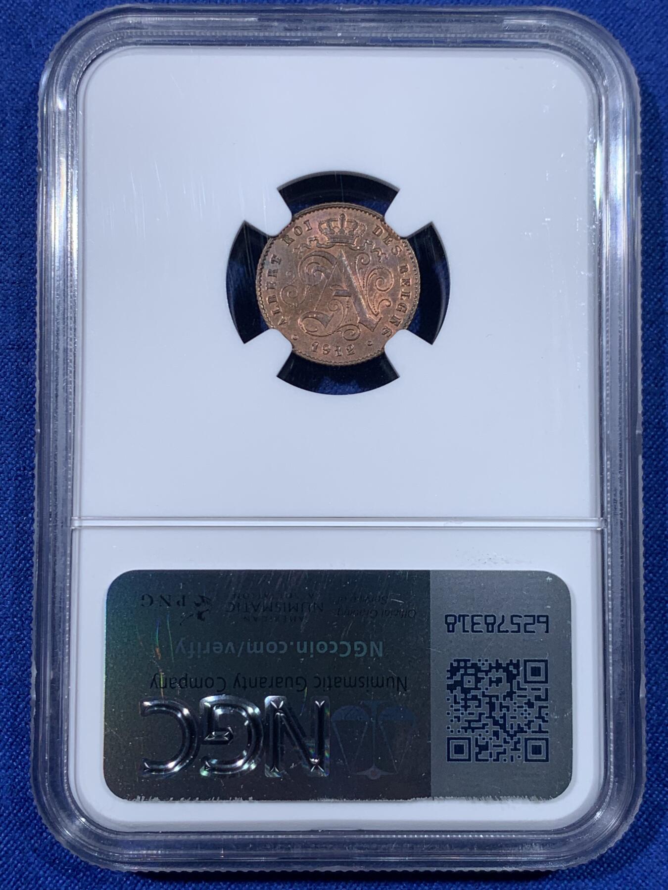 《竞宝斋》第438场 周日，周一，周二 3场连拍 （全场包邮） NGC MS63RB 比利时 1912年 狮子 1分 铜币 少见红光早期铜币 比利时经典品种