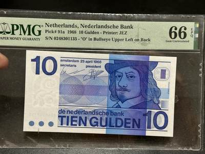 《外钞收藏家》第五百八十五期（精品场）（本平台长期征集拍品、欢迎藏友们联系合作） - 1968年荷兰人像版10盾 PMG66 牛眼版