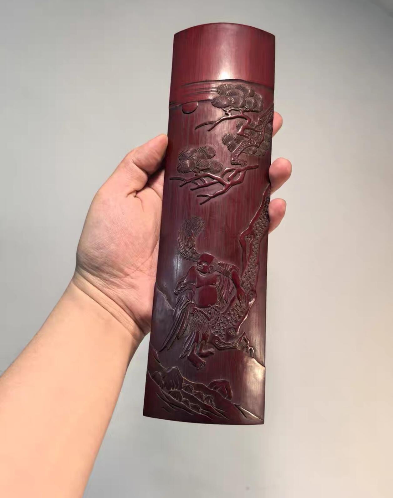 兰馨堂古玩杂项专场 老竹雕名家刘海戏金蟾臂搁茶则摆件  