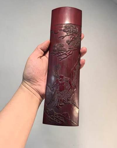 老竹雕名家刘海戏金蟾臂搁茶则摆件  