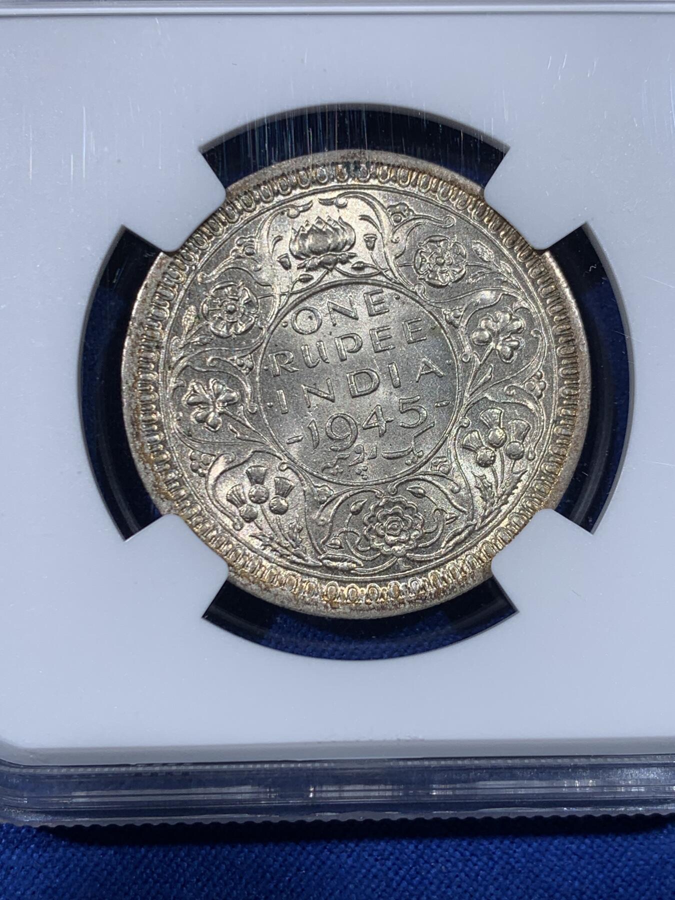 《竞宝斋》第438场 周日，周一，周二 3场连拍 （全场包邮） NGC MS62 英属印度1945年乔治六世1卢比L版 拉合尔厂少见 不是常见的B或者C版