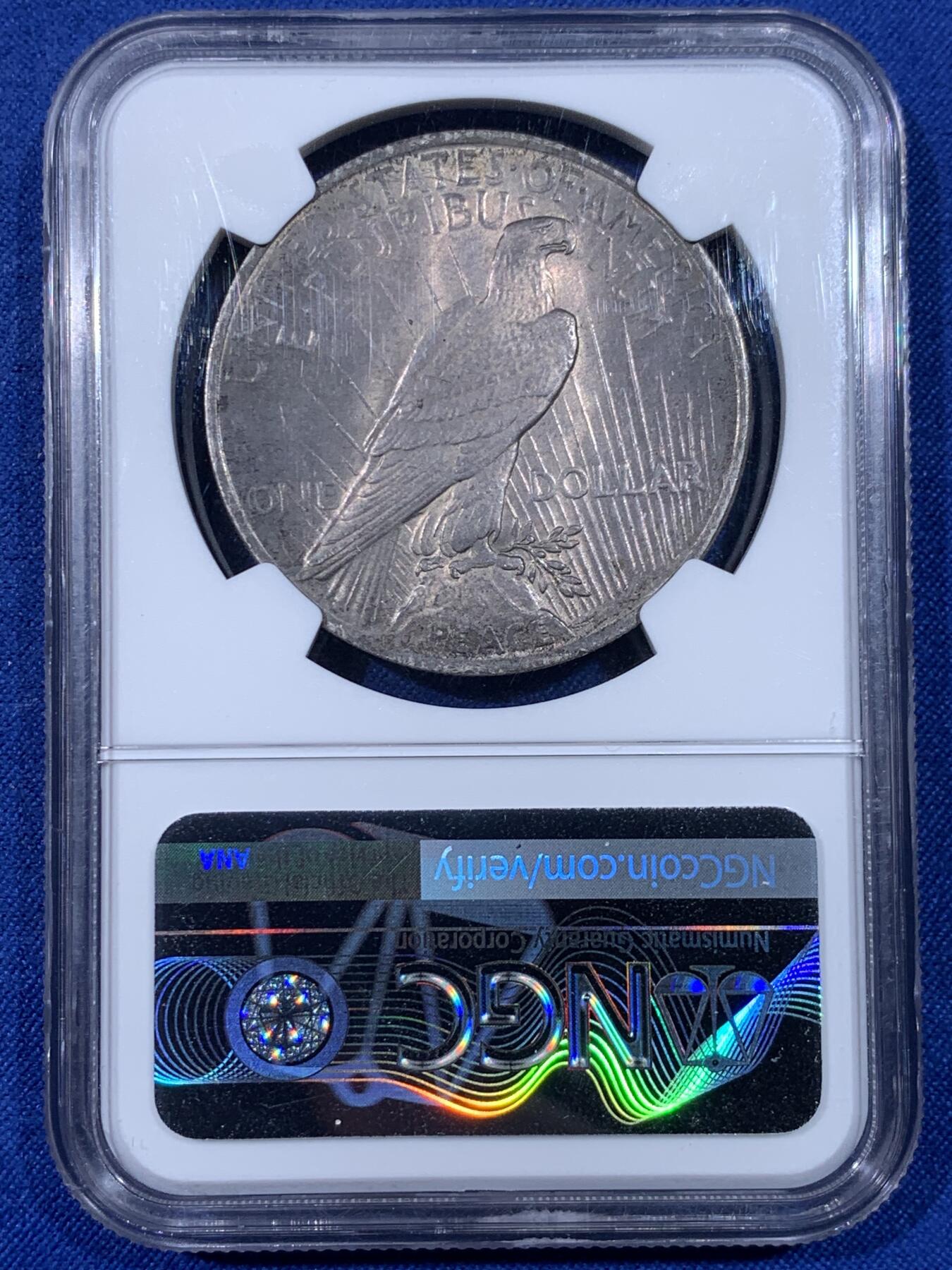 《竞宝斋》第438场 周日，周一，周二 3场连拍 （全场包邮） NGC MS62 美国1923年和平银币 两面均匀的灰彩，和平银币铸造过程中添加了抑制氧化的材料，所以和平带彩的非常少 非常难得，因此也比白币贵许多