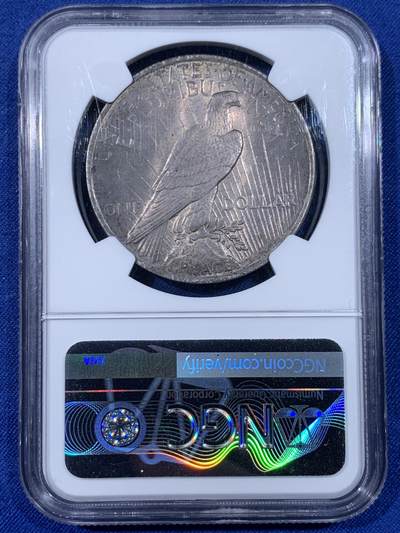 《竞宝斋》第438场 周日，周一，周二 3场连拍 （全场包邮） NGC MS62 美国1923年和平银币 两面均匀的灰彩，和平银币铸造过程中添加了抑制氧化的材料，所以和平带彩的非常少 非常难得，因此也比白币贵许多