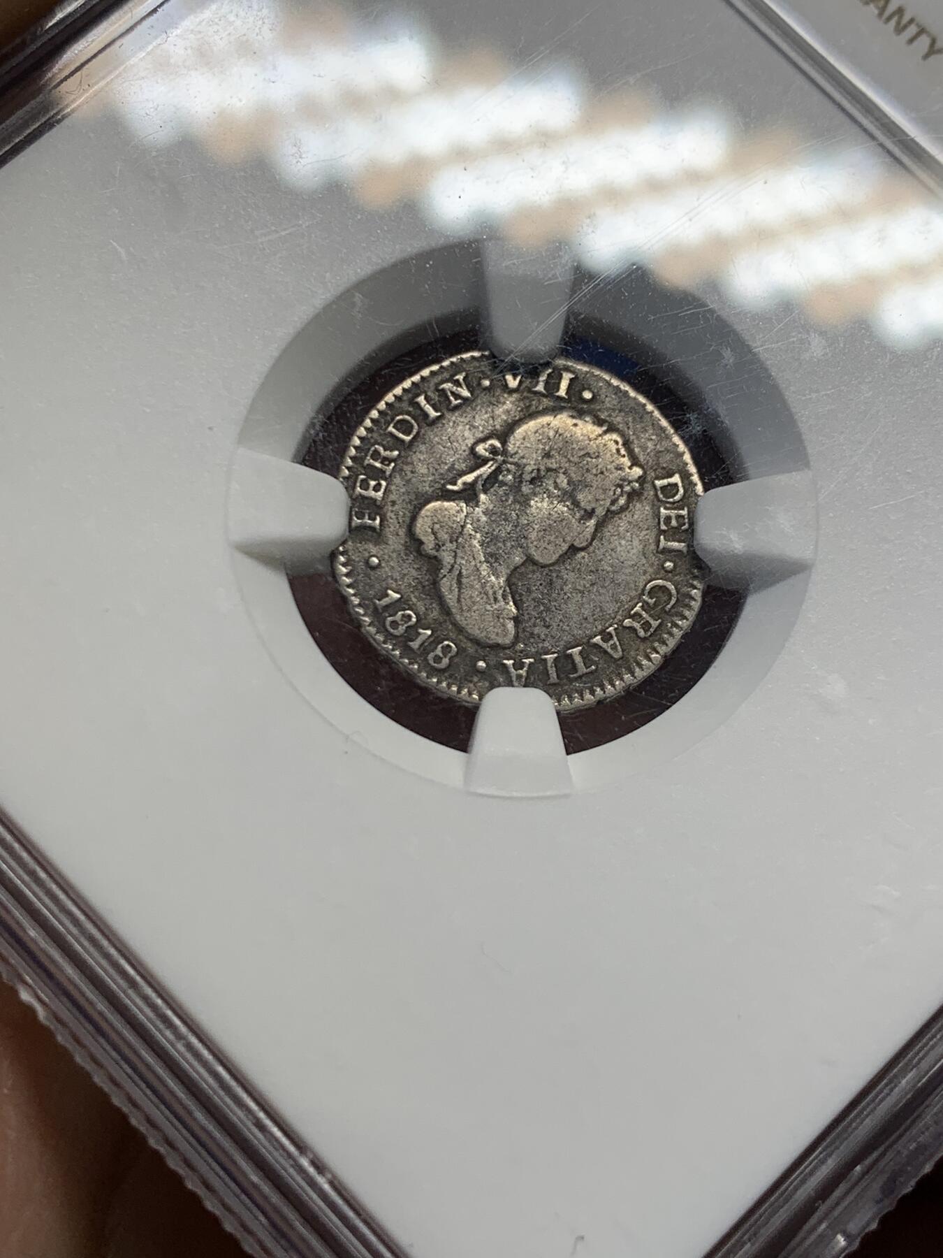 《竞宝斋》第438场 周日，周一，周二 3场连拍 （全场包邮） NGC VF30 玻利维亚 1818PTS PJ 斐迪南七世1/2R银币，不多见的品种，年份不错