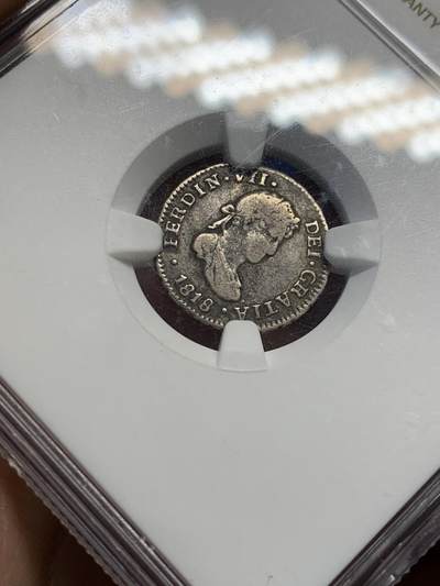 《竞宝斋》第438场 周日，周一，周二 3场连拍 （全场包邮） NGC VF30 玻利维亚 1818PTS PJ 斐迪南七世1/2R银币，不多见的品种，年份不错