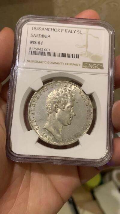 《竞宝斋》第438场 周日，周一，周二 3场连拍 （全场包邮） NGC MS61 意大利撒丁 1849年 卡洛·阿尔贝托 5里拉银币 稀有品种 意邦核心 FDC状态近两年参考落锤价格2500美元以上