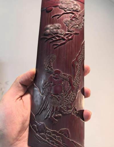 老竹雕名家刘海戏金蟾臂搁茶则摆件  