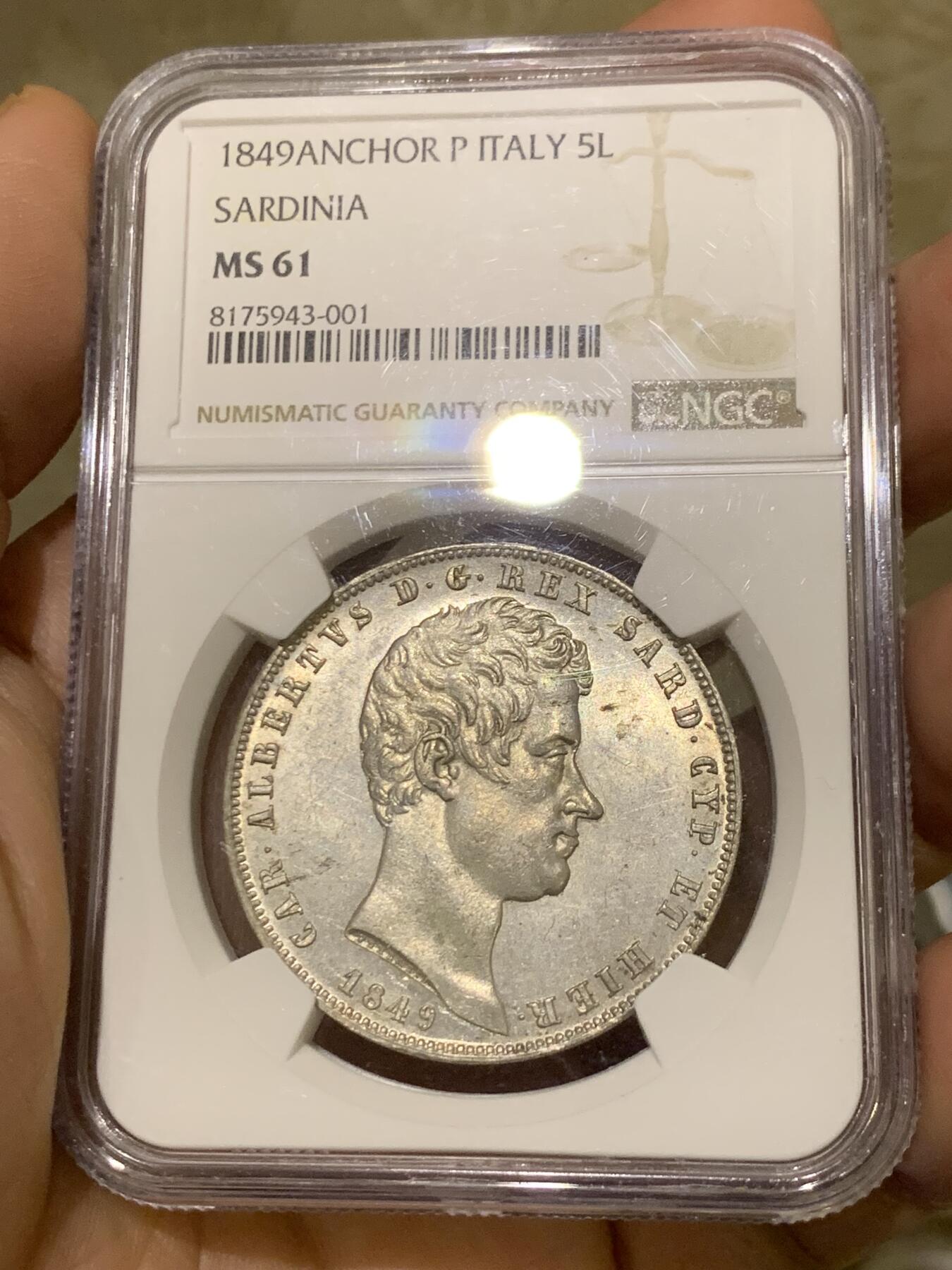 《竞宝斋》第438场 周日，周一，周二 3场连拍 （全场包邮） NGC MS61 意大利撒丁 1849年 卡洛·阿尔贝托 5里拉银币 稀有品种 意邦核心 FDC状态近两年参考落锤价格2500美元以上