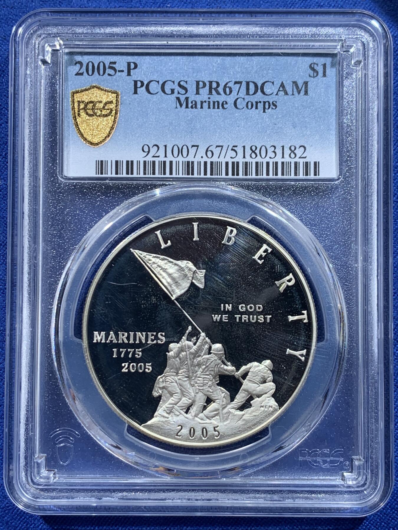 《竞宝斋》第438场 周日，周一，周二 3场连拍 （全场包邮） PCGS PR67DCAM 美国2005年1美元精制银币 美国海军陆战队成立230周年（2007年克劳斯最佳克朗币奖）