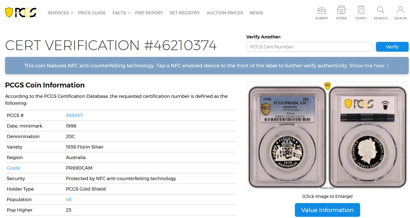 PThappally收藏第54次拍卖，英联邦地区硬币纸币 澳大利亚 1998 20分   13.36g 银币 PCGS PR69DCAM