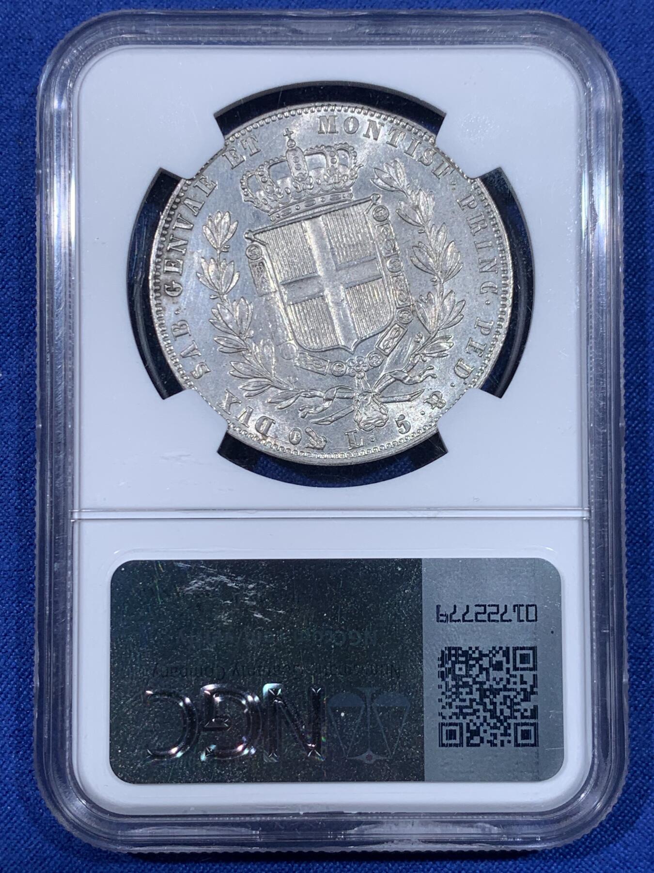 《竞宝斋》第438场 周日，周一，周二 3场连拍 （全场包邮） NGC MS61 意大利撒丁 1849年 卡洛·阿尔贝托 5里拉银币 稀有品种 意邦核心 FDC状态近两年参考落锤价格2500美元以上