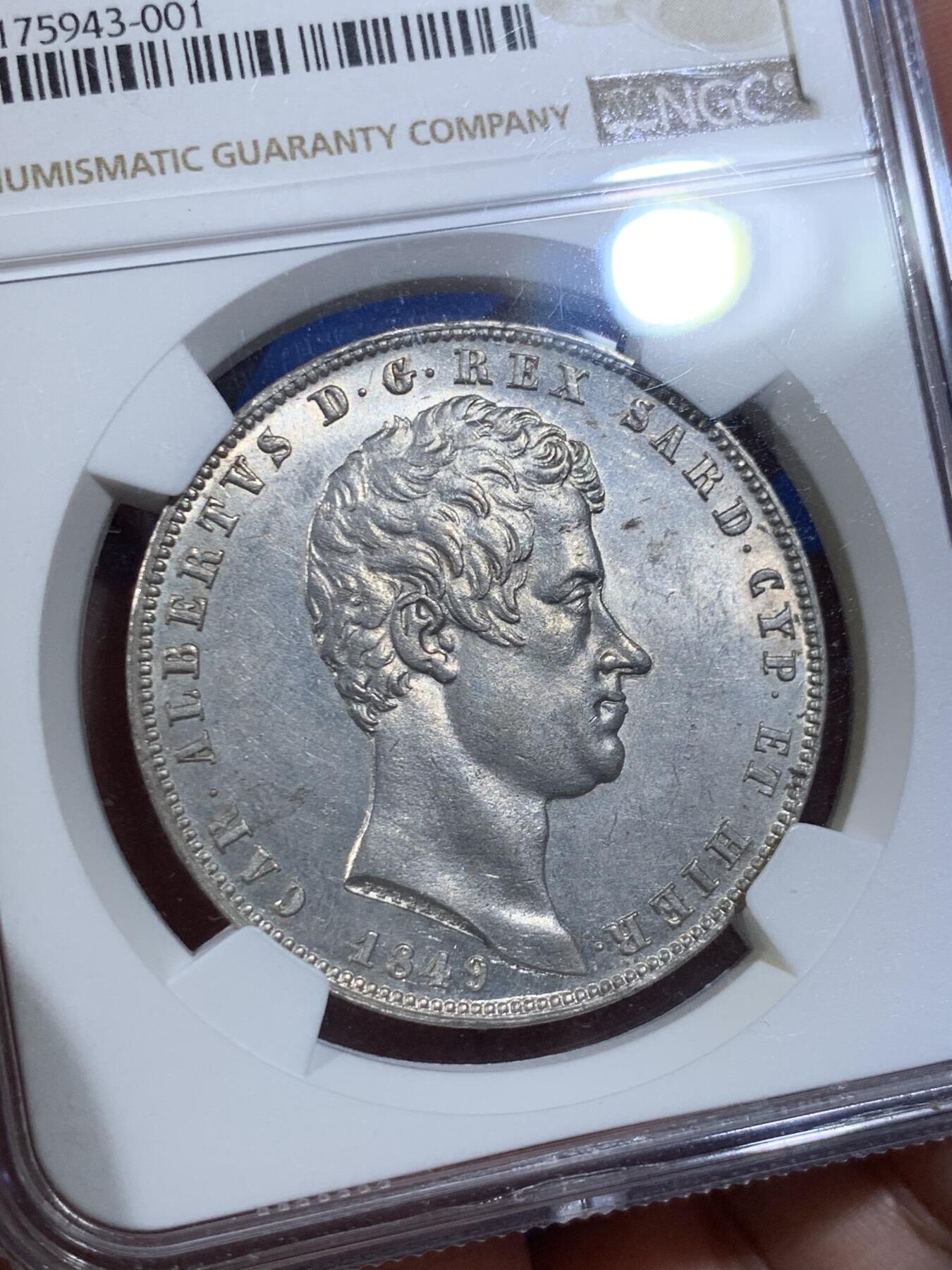 《竞宝斋》第438场 周日，周一，周二 3场连拍 （全场包邮） NGC MS61 意大利撒丁 1849年 卡洛·阿尔贝托 5里拉银币 稀有品种 意邦核心 FDC状态近两年参考落锤价格2500美元以上