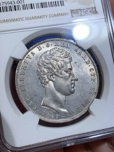 《竞宝斋》第438场 周日，周一，周二 3场连拍 （全场包邮） NGC MS61 意大利撒丁 1849年 卡洛·阿尔贝托 5里拉银币 稀有品种 意邦核心 FDC状态近两年参考落锤价格2500美元以上