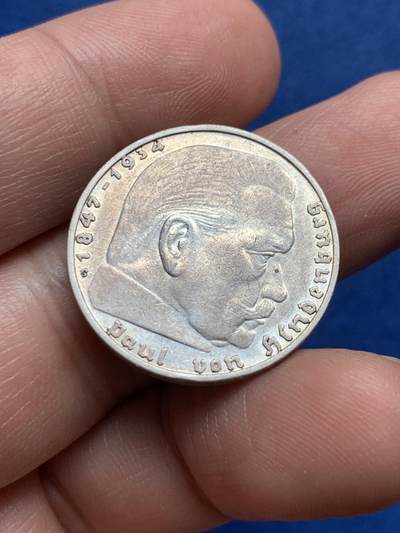 《竞宝斋》第438场 周日，周一，周二 3场连拍 （全场包邮） 德国 1938年 兴登堡 2马克 银币 厂别少见