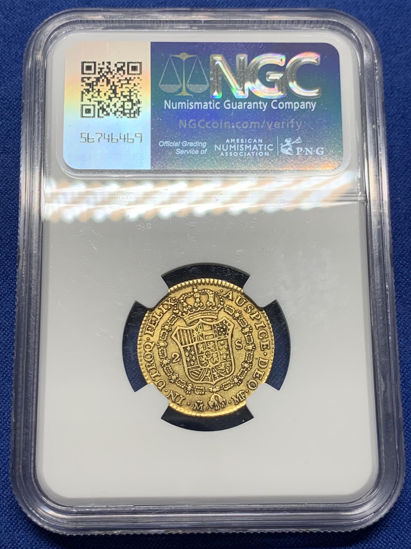 《竞宝斋》第438场 周日，周一，周二 3场连拍 （全场包邮） NGC XF45 西班牙1793/2年卡洛斯四世 2埃斯库多金币 骑字版 6.77克 875金 细节不错