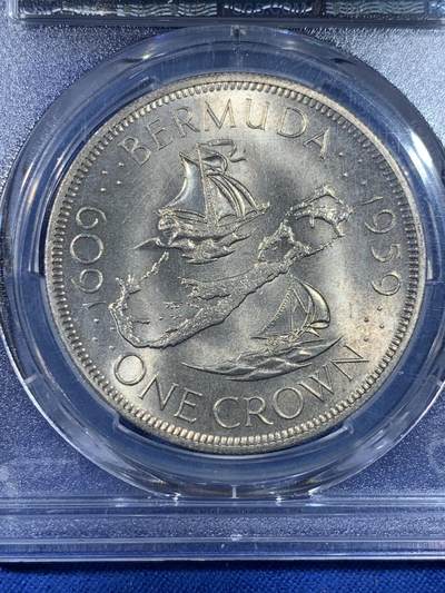 《竞宝斋》第438场 周日，周一，周二 3场连拍 （全场包邮） PCGS MS67 英属百慕大1959年伊丽莎白二世1克朗大银币，高分好品。