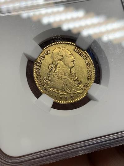 《竞宝斋》第438场 周日，周一，周二 3场连拍 （全场包邮） NGC XF45 西班牙1793/2年卡洛斯四世 2埃斯库多金币 骑字版 6.77克 875金 细节不错