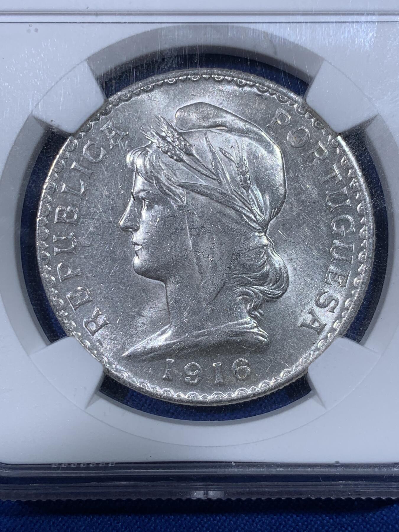 《竞宝斋》第438场 周日，周一，周二 3场连拍 （全场包邮） NGC MS61 葡萄牙1916年女神1埃斯库多银币，状态佳。