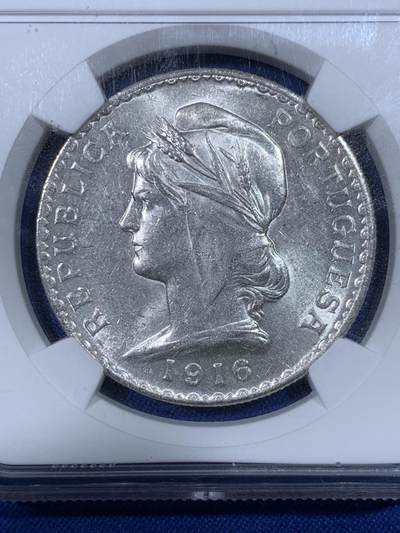 《竞宝斋》第438场 周日，周一，周二 3场连拍 （全场包邮） NGC MS61 葡萄牙1916年女神1埃斯库多银币，状态佳。