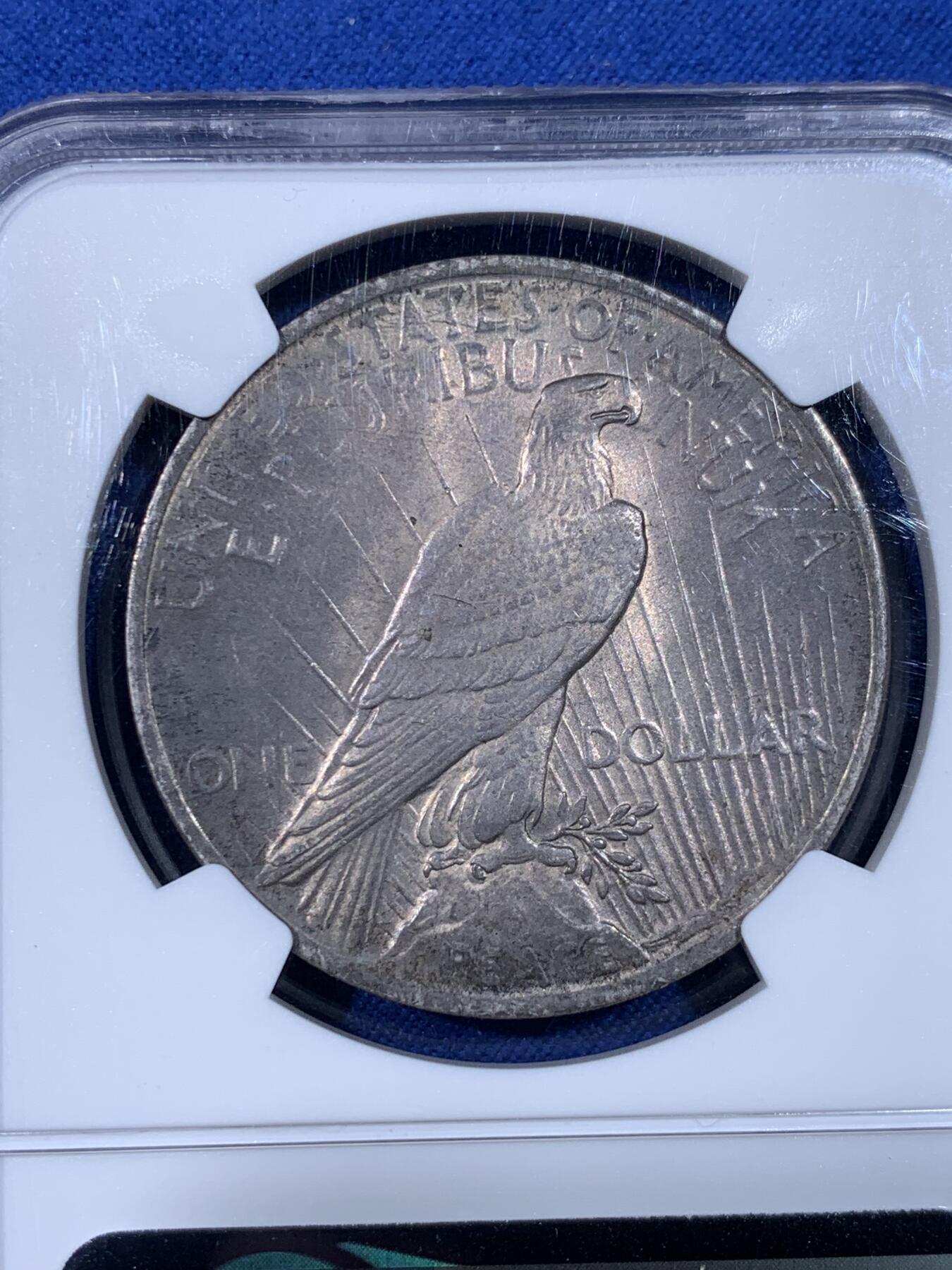 《竞宝斋》第438场 周日，周一，周二 3场连拍 （全场包邮） NGC MS62 美国1923年和平银币 两面均匀的灰彩，和平银币铸造过程中添加了抑制氧化的材料，所以和平带彩的非常少 非常难得，因此也比白币贵许多