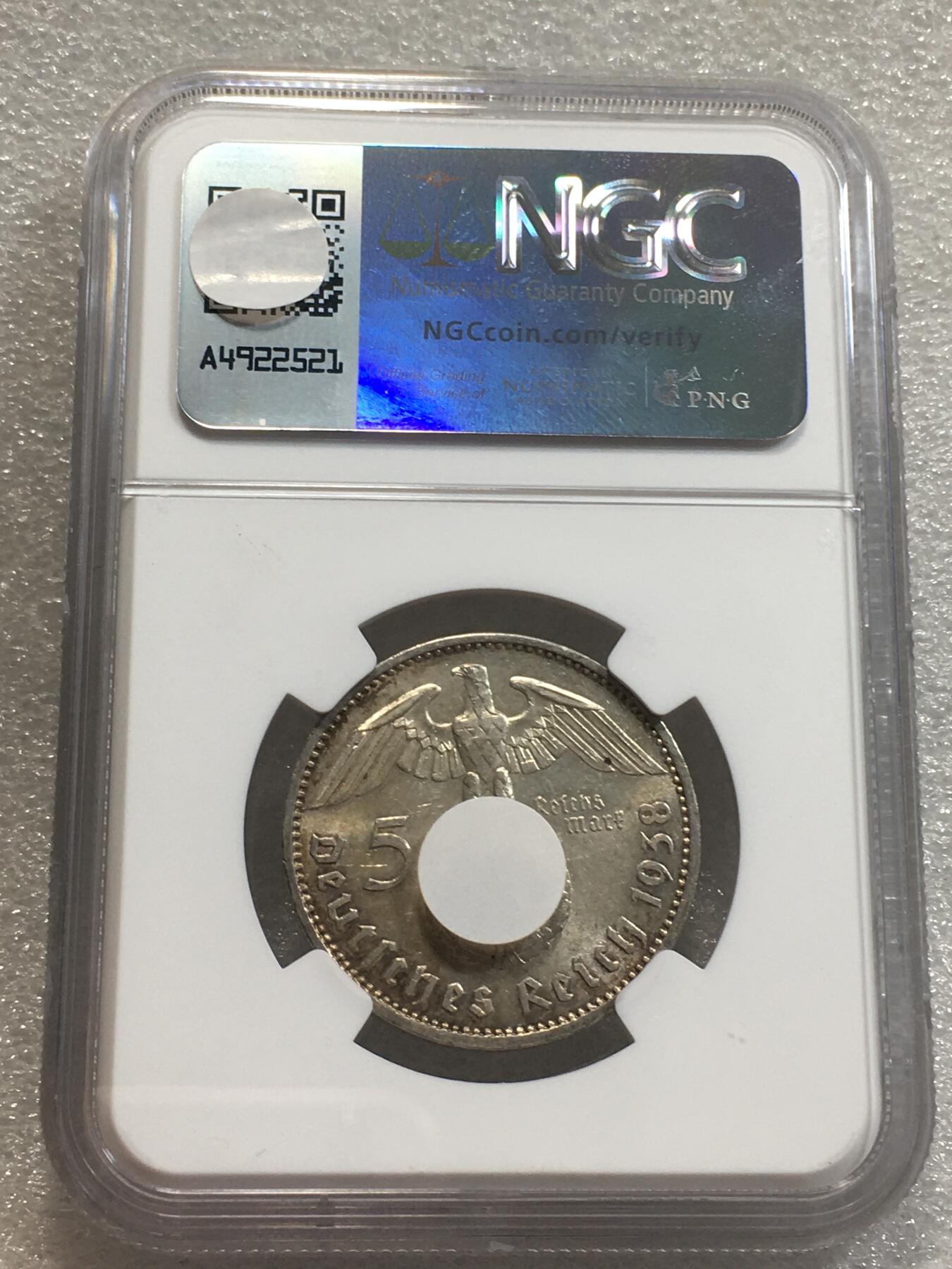 世界钱币专场拍卖 每周二开拍 NGCUNCD德国1938年A厂兴登堡5马克银币