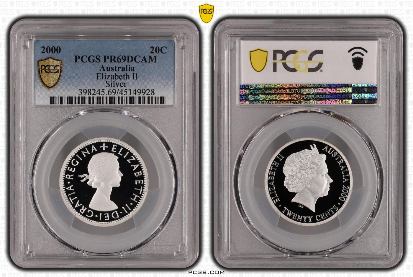 PThappally收藏第54次拍卖，英联邦地区硬币纸币 澳大利亚 2000 20分 13.36g 银币 PCGS PR69DCAM