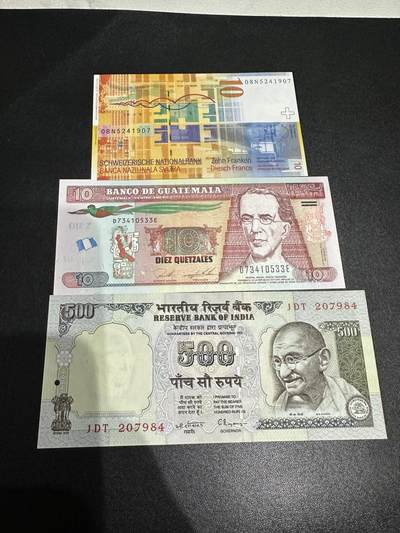 《外钞收藏家》第五百八十五期（精品场）（本平台长期征集拍品、欢迎藏友们联系合作） - 08年瑞士10法郎+危地马拉10+印度500卢比 全新UNC