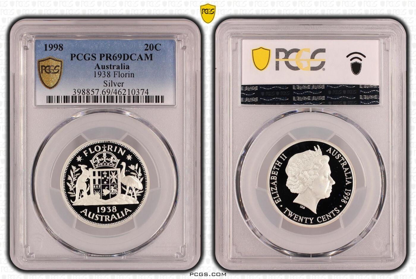 PThappally收藏第54次拍卖，英联邦地区硬币纸币 澳大利亚 1998 20分   13.36g 银币 PCGS PR69DCAM