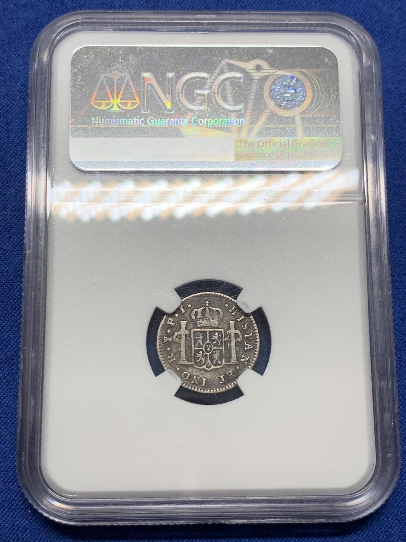 《竞宝斋》第438场 周日，周一，周二 3场连拍 （全场包邮） NGC VF30 玻利维亚 1818PTS PJ 斐迪南七世1/2R银币，不多见的品种，年份不错