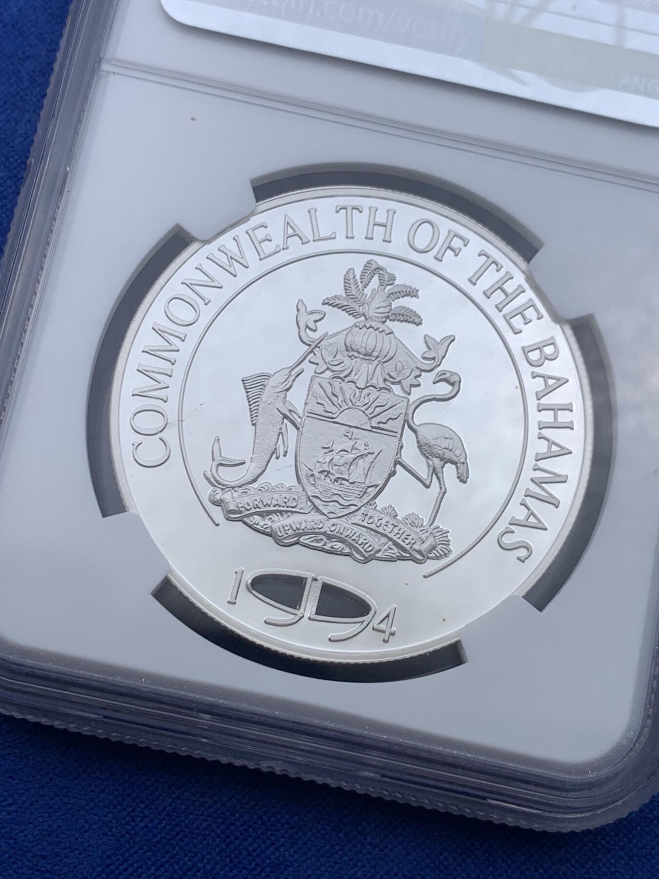 《竞宝斋》第438场 周日，周一，周二 3场连拍 （全场包邮） NGC PF68UC 巴哈马1994年一杆进洞5元精制纪念银币（克劳斯获奖币之1996年世界硬币大赛最佳创意币，1盎司克重，925银，38.61MM币径，发行量5万枚）