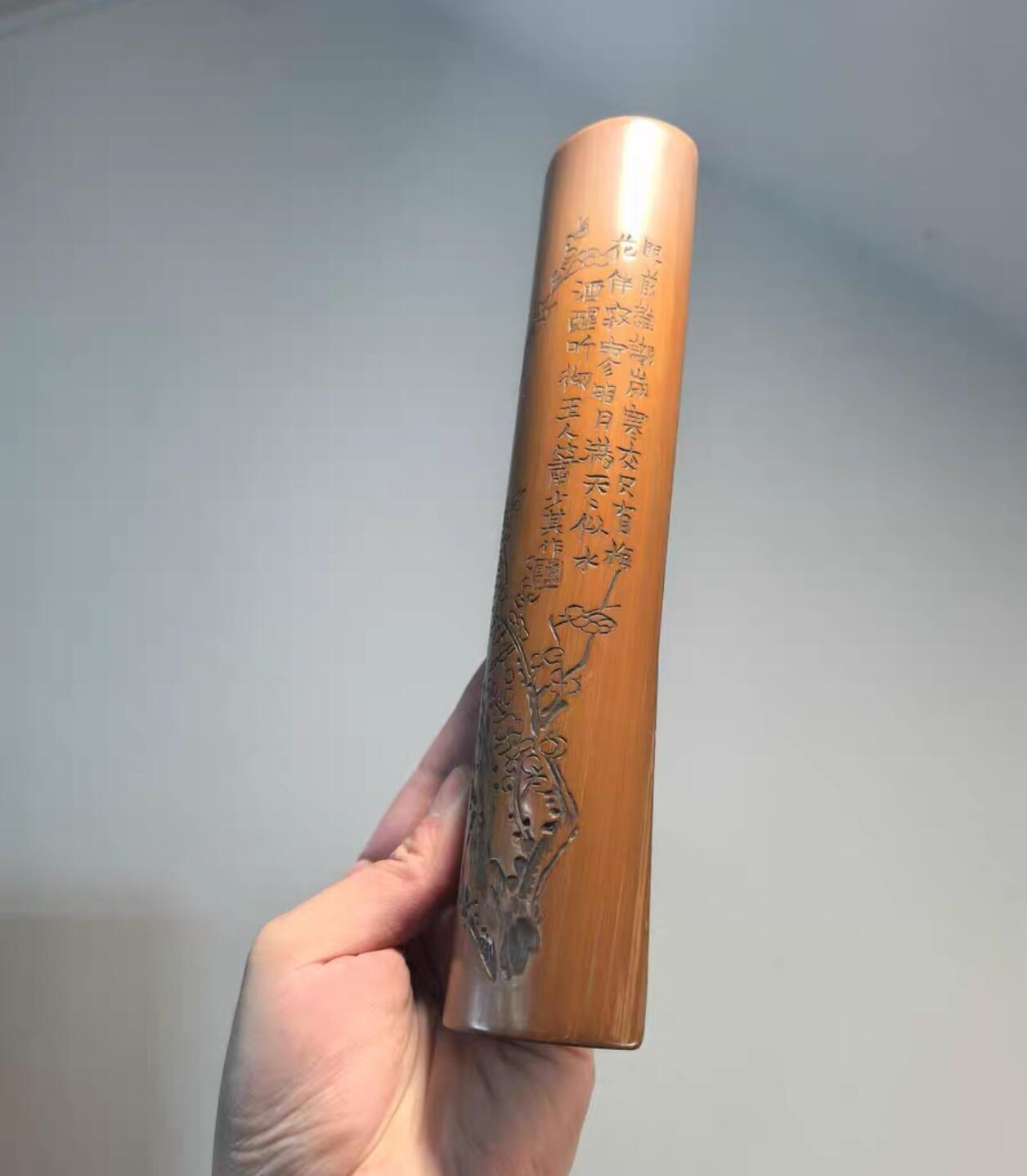 兰馨堂古玩杂项专场 老竹雕书卷式臂搁诗文梅花臂搁镇纸摆件 