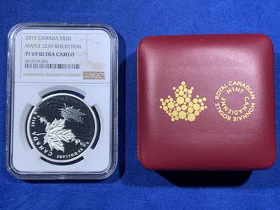 《竞宝斋》第438场 周日，周一，周二 3场连拍 （全场包邮） NGC PF69UC 加拿大2015年水滴幻影枫叶20加元精制银币（最美的枫叶币之一，水滴涟漪采取镜面喷砂工艺，栩栩如生！1盎司克重，9999纯银，币径38MM，限量发行8500枚，盒证齐全）
