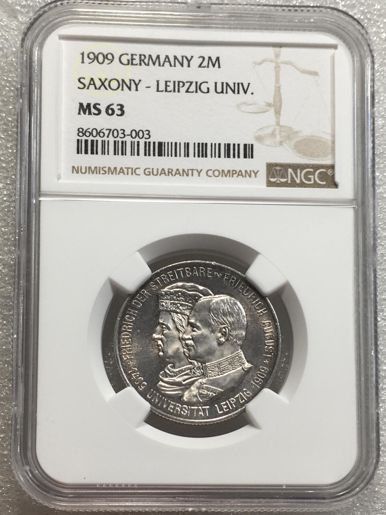 世界钱币专场拍卖 每周二开拍 NGCMS63德国萨克森1909年莱比锡大学建校500周年2马克银币