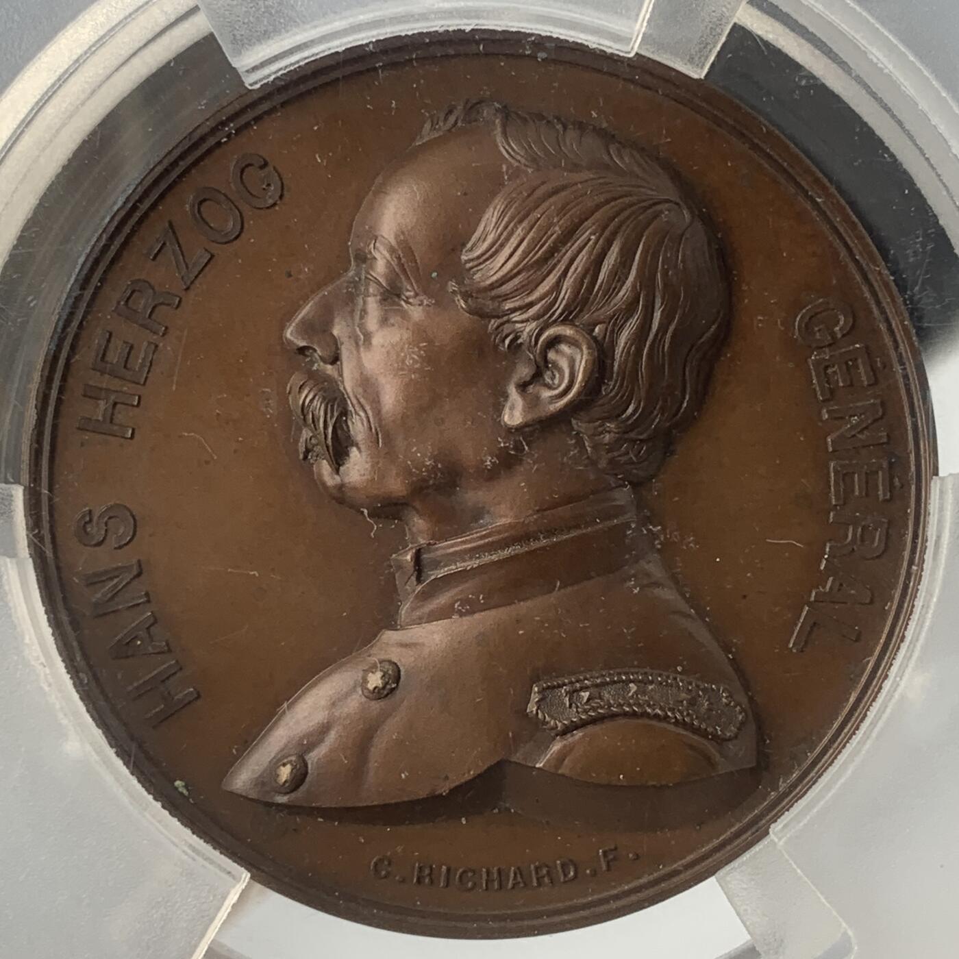 掌中浮雕-藏着的欧洲第042场 PCGS SP64 : 1871年瑞士联邦军在普法战争中保持中立，正面为汉斯·赫尔佐格将军头像 , 50mm