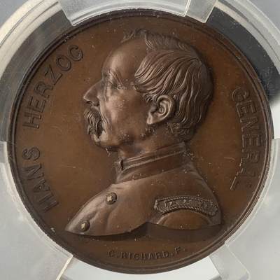 掌中浮雕-藏着的欧洲第042场 - PCGS SP64 : 1871年瑞士联邦军在普法战争中保持中立，正面为汉斯·赫尔佐格将军头像 , 50mm