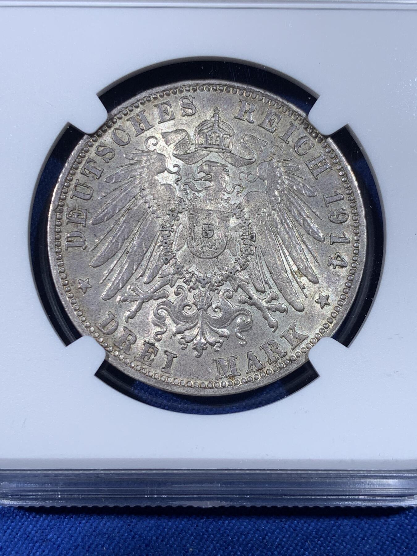 《竞宝斋》第438场 周日，周一，周二 3场连拍 （全场包邮） NGC MS62 德国 1914年 巴伐利亚 路德维希三世 3马克 银币